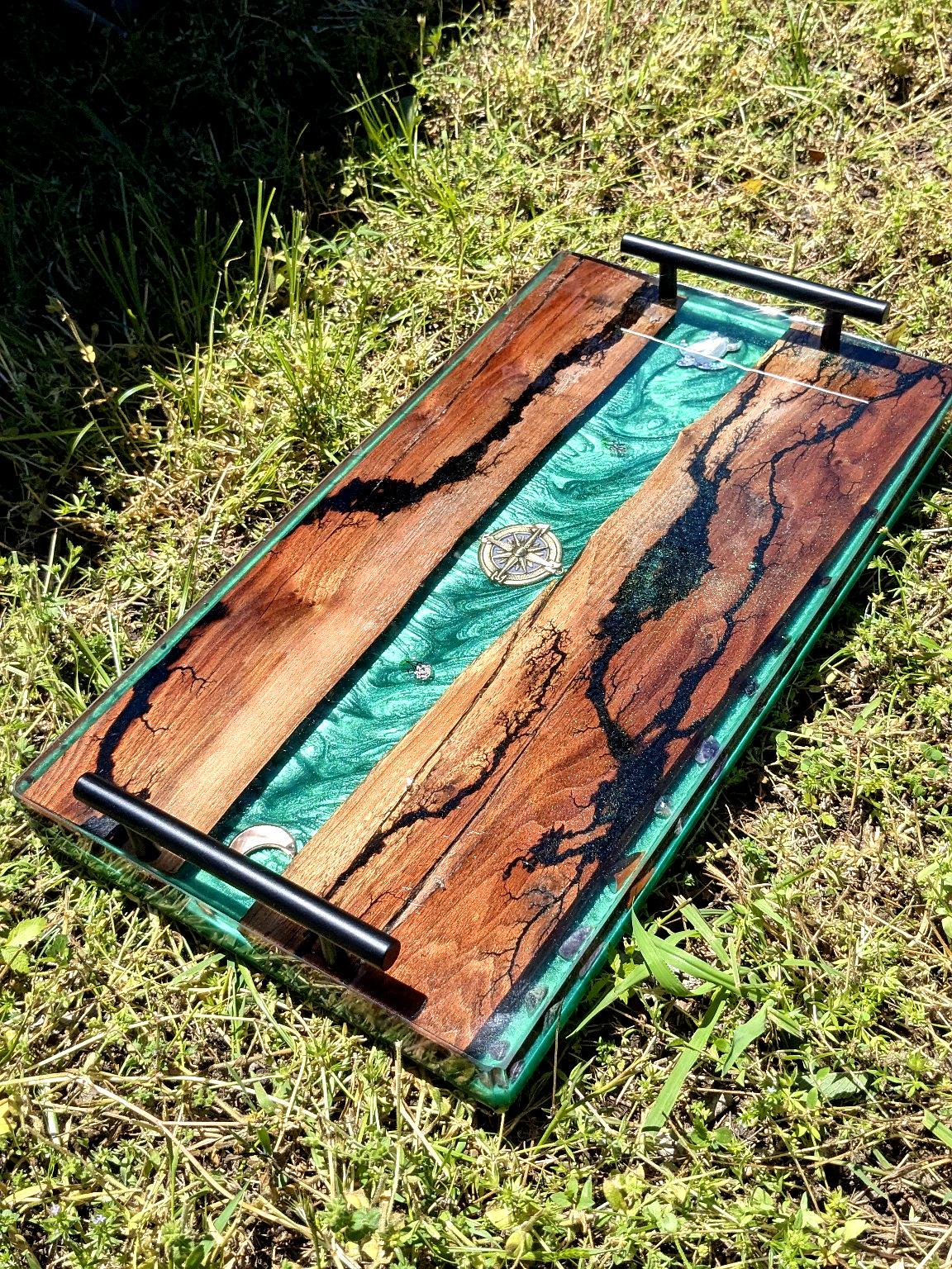 Sacred Walnut & Resin Altar Tray – Fractal Burned with Amethyst, Agate, Spiritual Symbols | Certified Cherokee Artist