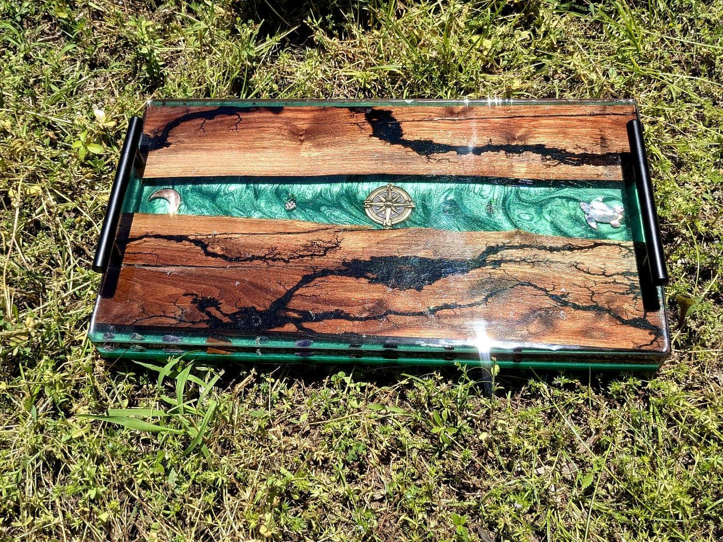 Sacred Walnut & Resin Altar Tray – Fractal Burned with Amethyst, Agate, Spiritual Symbols | Certified Cherokee Artist