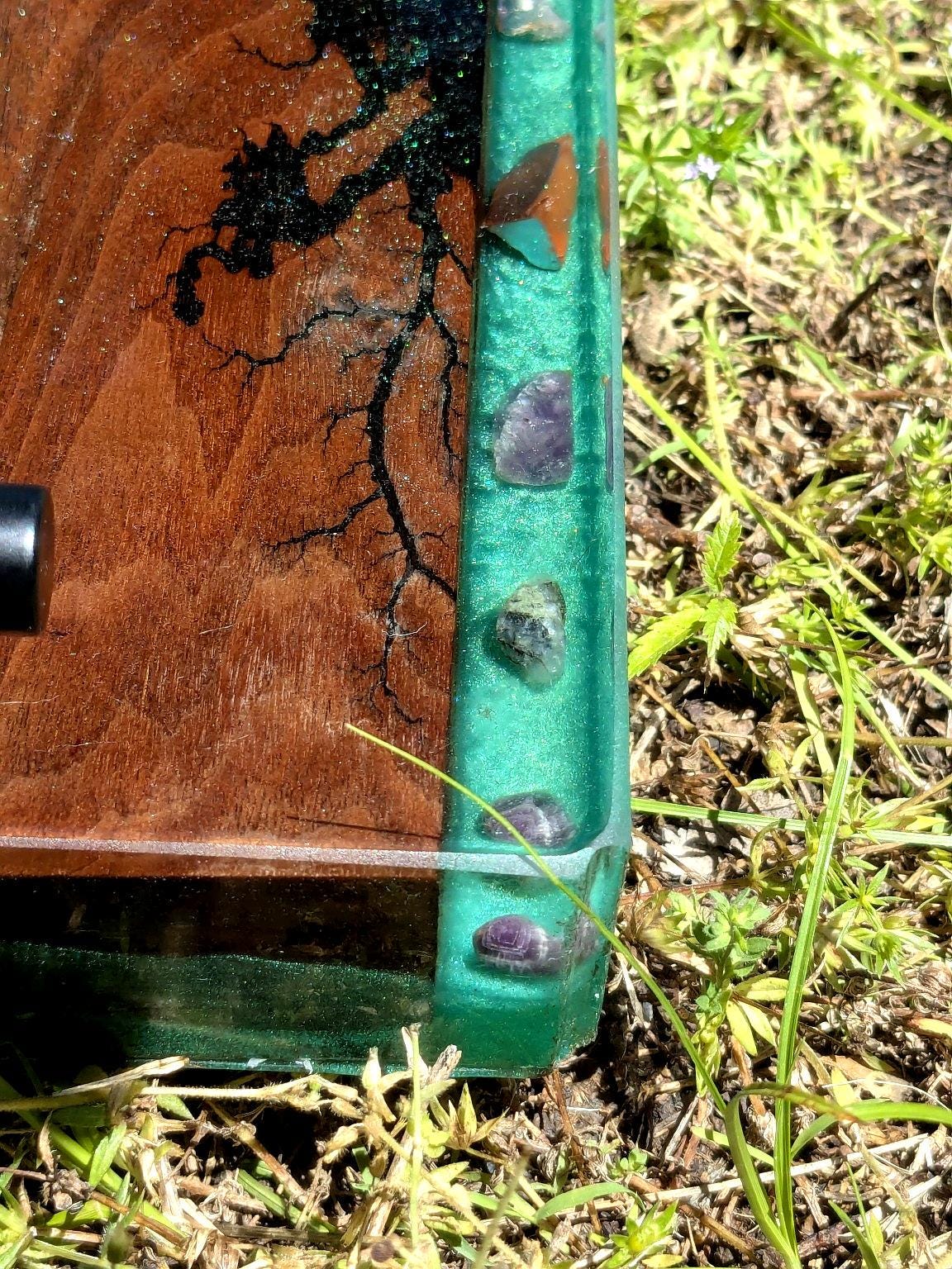 Sacred Walnut & Resin Altar Tray – Fractal Burned with Amethyst, Agate, Spiritual Symbols | Certified Cherokee Artist