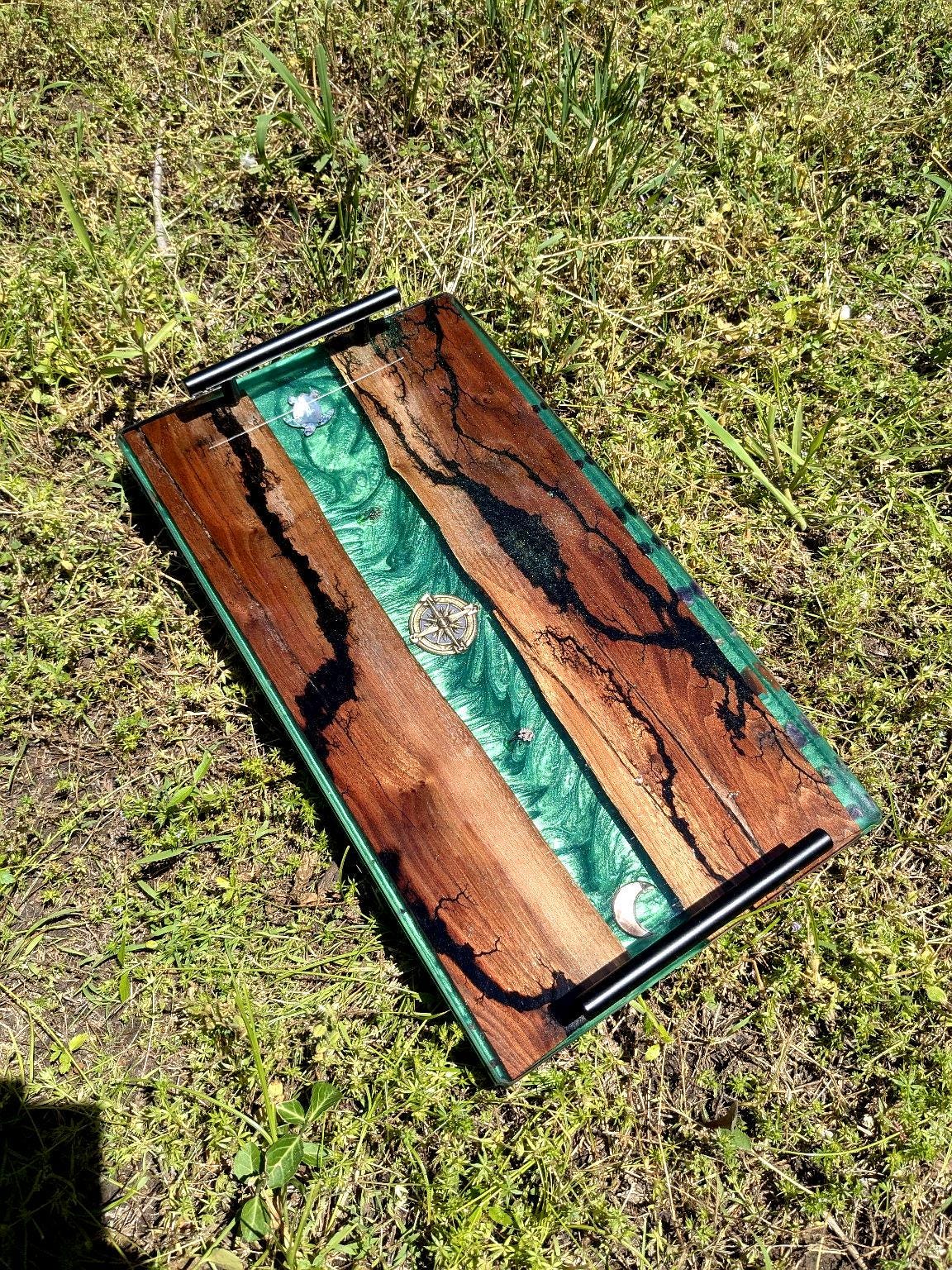 Sacred Walnut & Resin Altar Tray – Fractal Burned with Amethyst, Agate, Spiritual Symbols | Certified Cherokee Artist