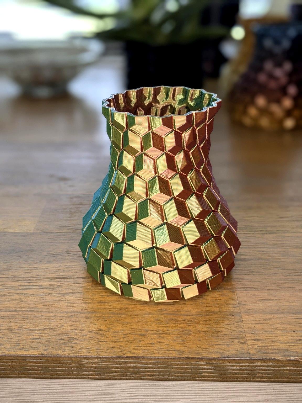 Geometric Prism Vase – Rainbow Hex Pattern – 3D Printed Multicolor Decor by Lithic Lab