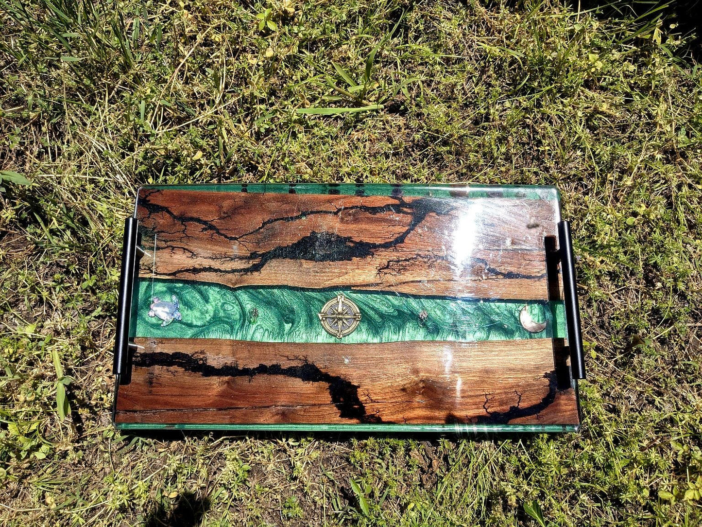 Sacred Walnut & Resin Altar Tray – Fractal Burned with Amethyst, Agate, Spiritual Symbols | Certified Cherokee Artist