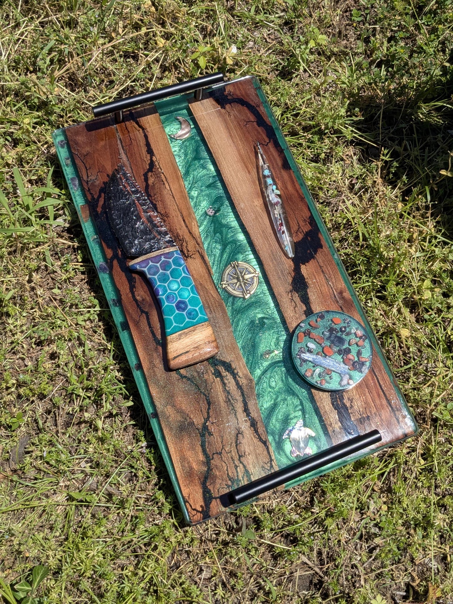 Sacred Walnut & Resin Altar Tray – Fractal Burned with Amethyst, Agate, Spiritual Symbols | Certified Cherokee Artist
