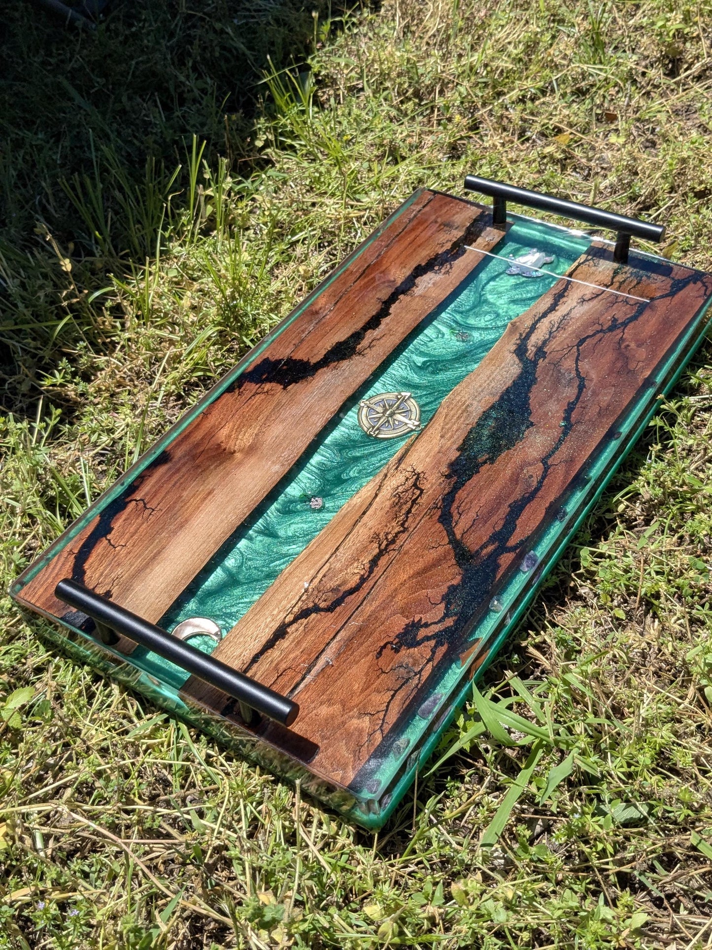 Sacred Walnut & Resin Altar Tray – Fractal Burned with Amethyst, Agate, Spiritual Symbols | Certified Cherokee Artist