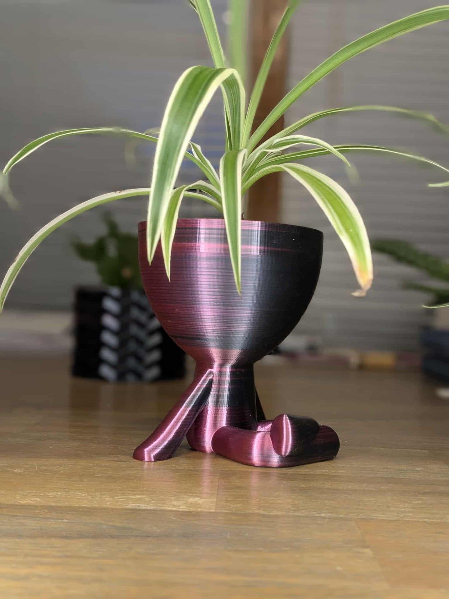 3D Printed Lounging Planter - Relaxed Pose Pot with Legs - Red Black Silk Finish - Unique Indoor Plant Holder