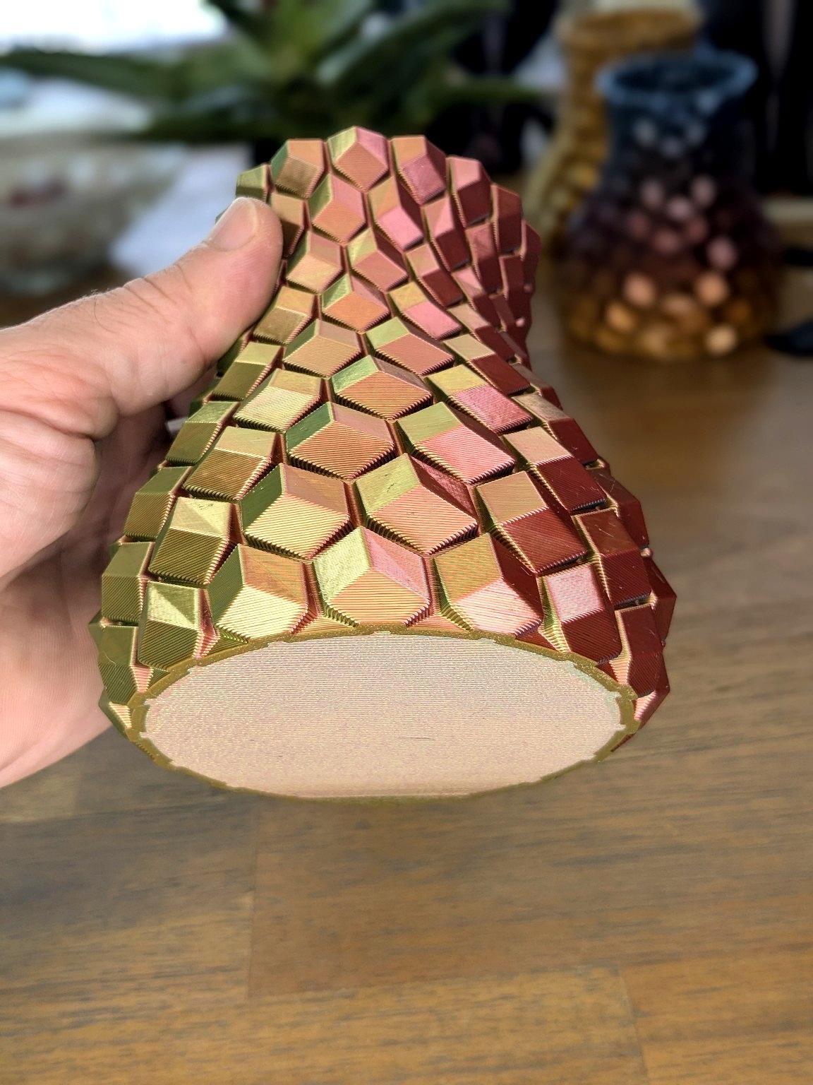Geometric Prism Vase – Rainbow Hex Pattern – 3D Printed Multicolor Decor by Lithic Lab