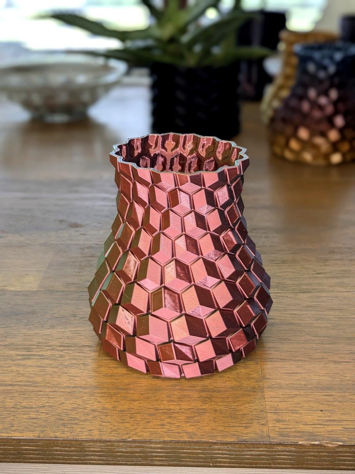 Geometric Prism Vase – Rainbow Hex Pattern – 3D Printed Multicolor Decor by Lithic Lab