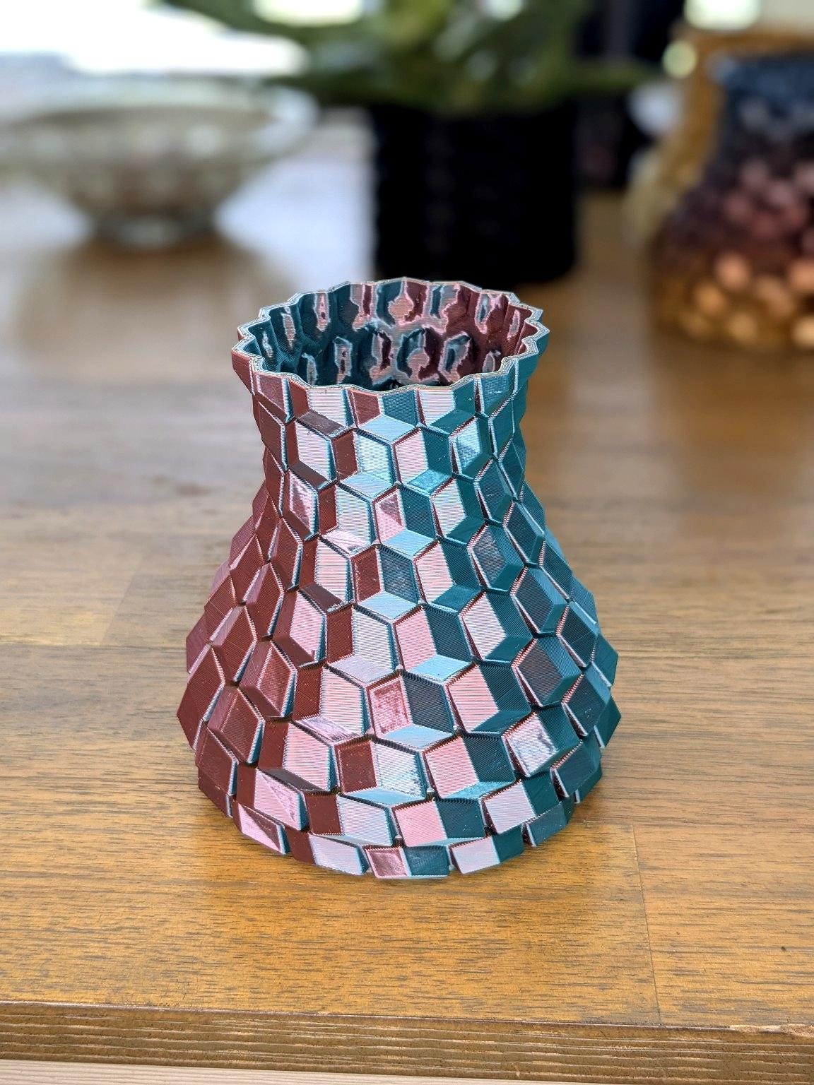 Geometric Prism Vase – Rainbow Hex Pattern – 3D Printed Multicolor Decor by Lithic Lab