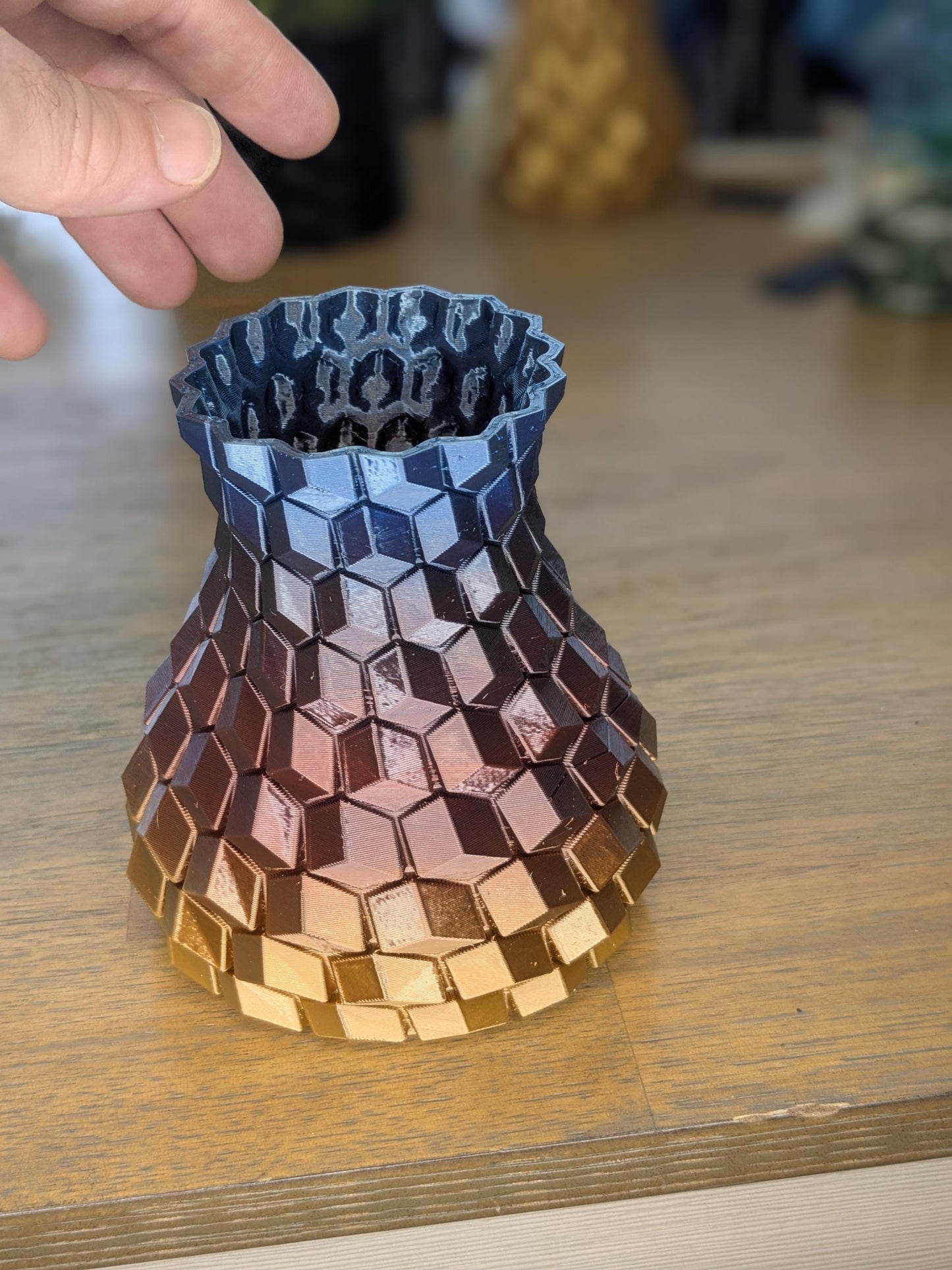 Geometric Prism Vase – Rainbow Hex Pattern – 3D Printed Multicolor Decor by Lithic Lab