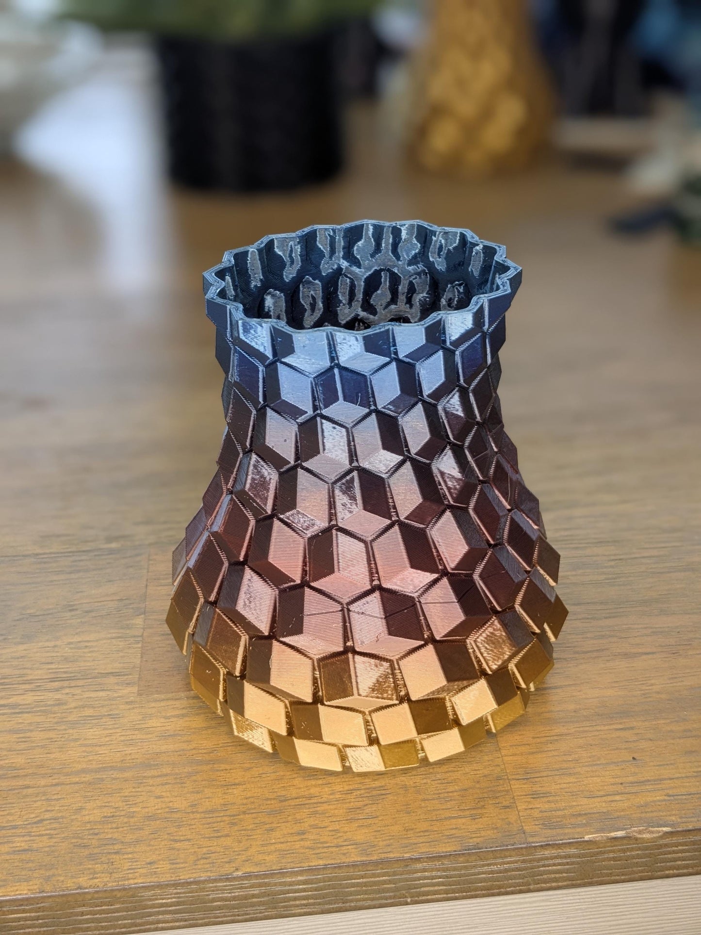 Geometric Prism Vase – Rainbow Hex Pattern – 3D Printed Multicolor Decor by Lithic Lab