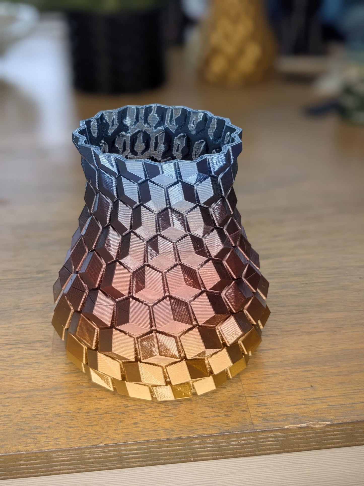 Geometric Prism Vase – Rainbow Hex Pattern – 3D Printed Multicolor Decor by Lithic Lab