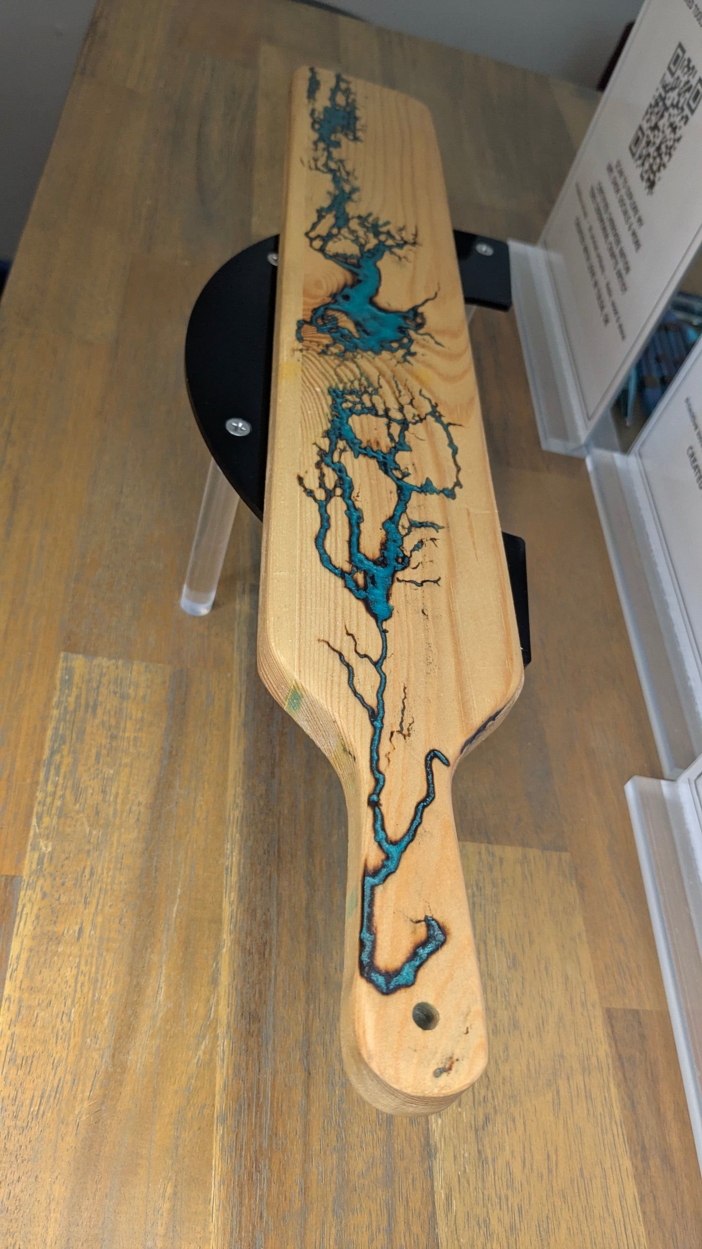 Turquoise-Inlaid Golden Pine Wall Art with Lichtenberg Fractals – 21" Sacred Flow Panel
