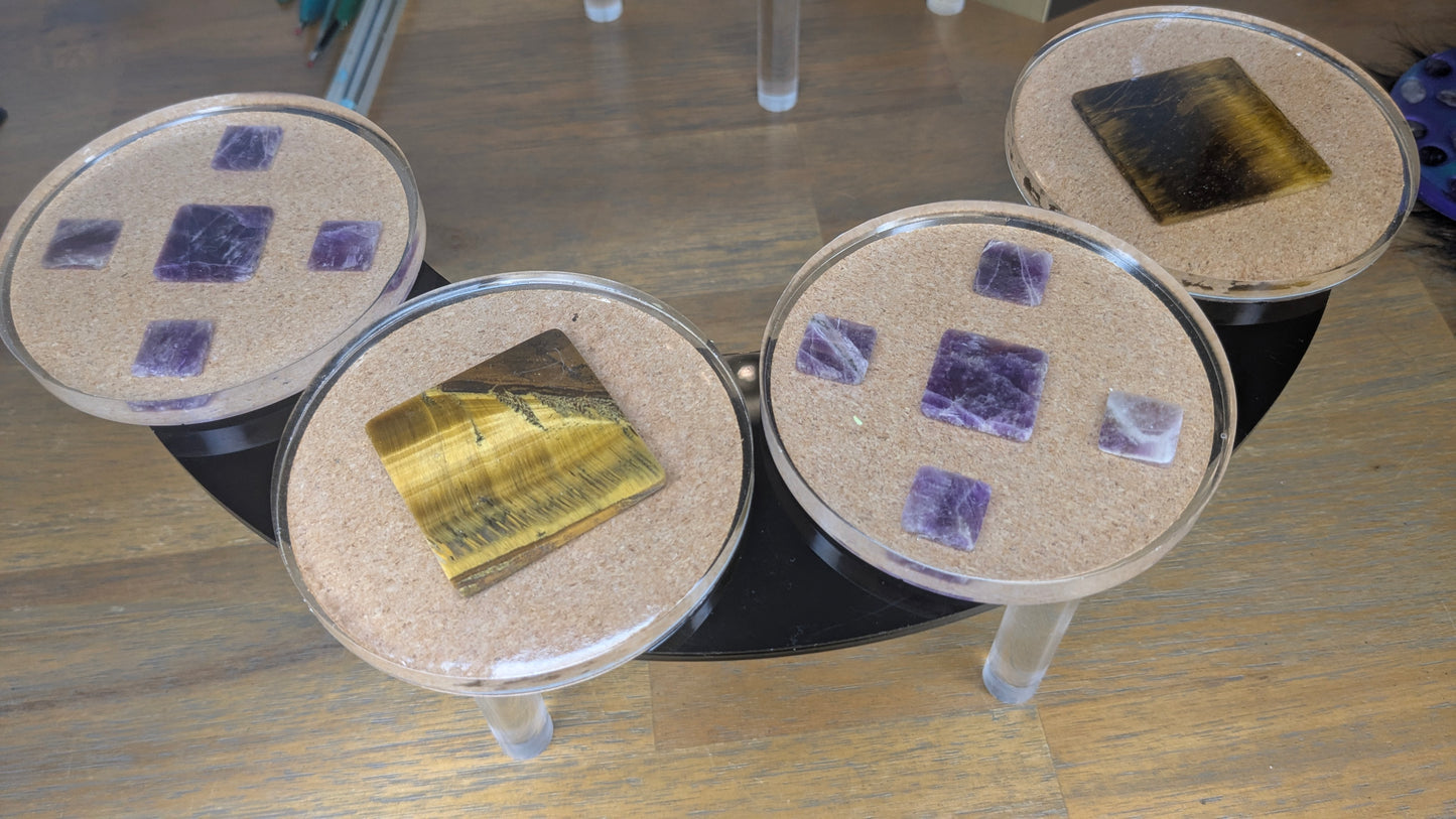 Stone Grid Coaster Set — Crystal-Embedded Resin Discs with Amethyst & Tiger’s Eye (Set of 4)
