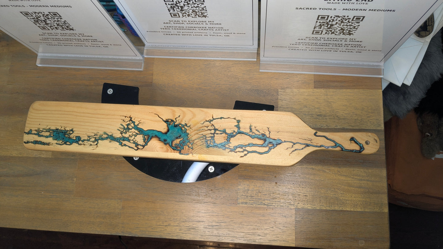 Turquoise-Inlaid Golden Pine Wall Art with Lichtenberg Fractals – 21" Sacred Flow Panel