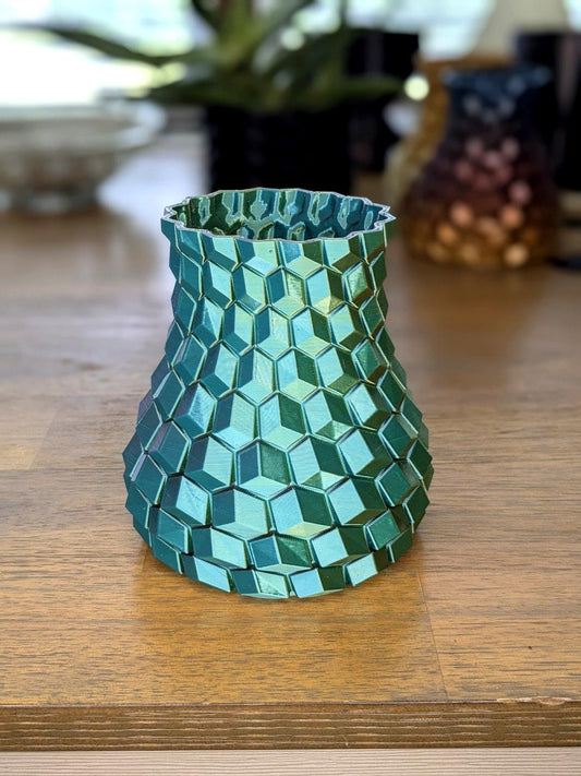 Geometric Prism Vase – Rainbow Hex Pattern – 3D Printed Multicolor Decor by Lithic Lab