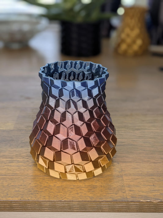 Geometric Prism Vase – Rainbow Hex Pattern – 3D Printed Multicolor Decor by Lithic Lab