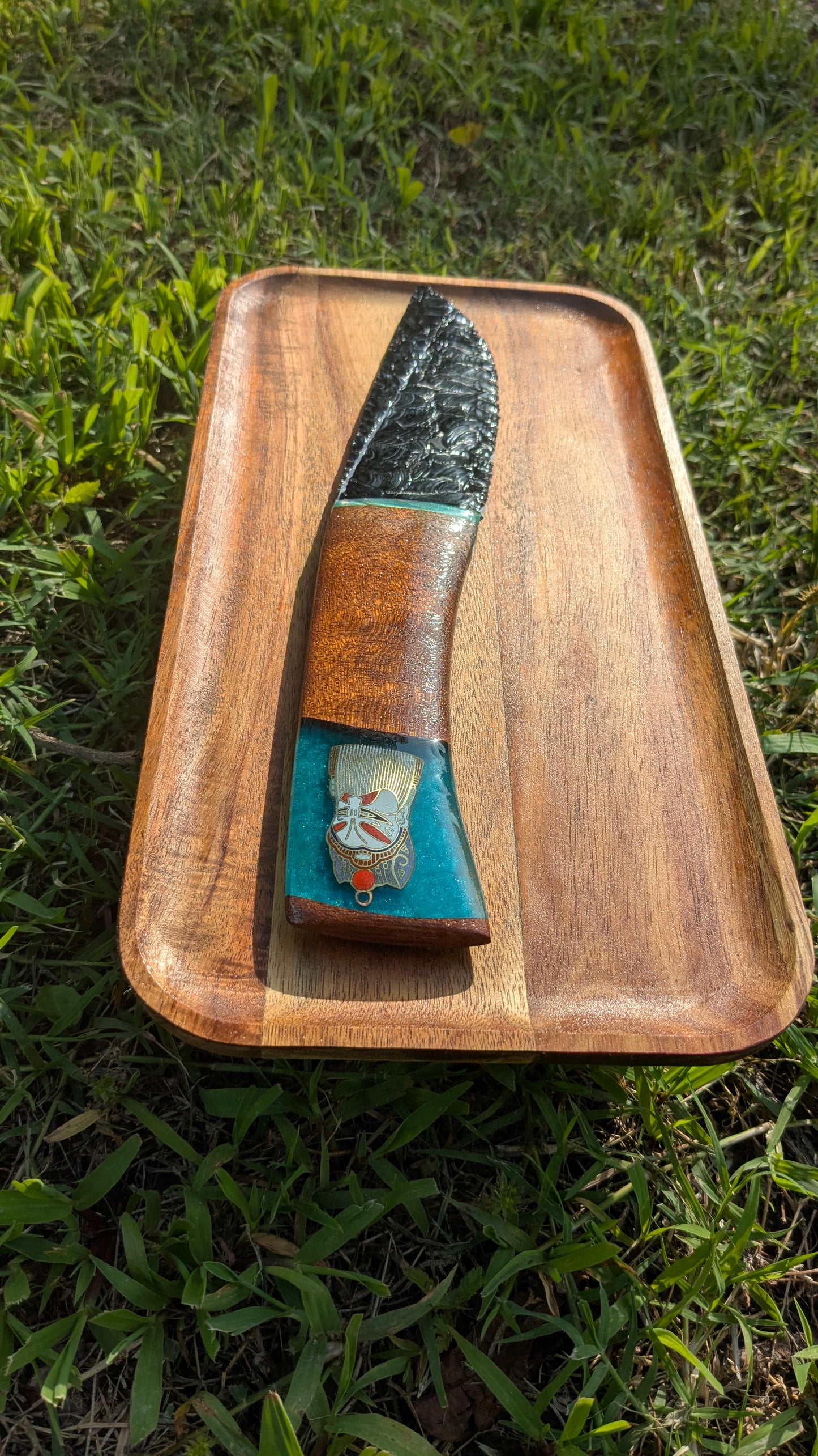Shogun’s Prism – Fused Black and White Glass Ceremonial Knife with Cherry Wood, Ocean Resin, and Quan Yu Pendant