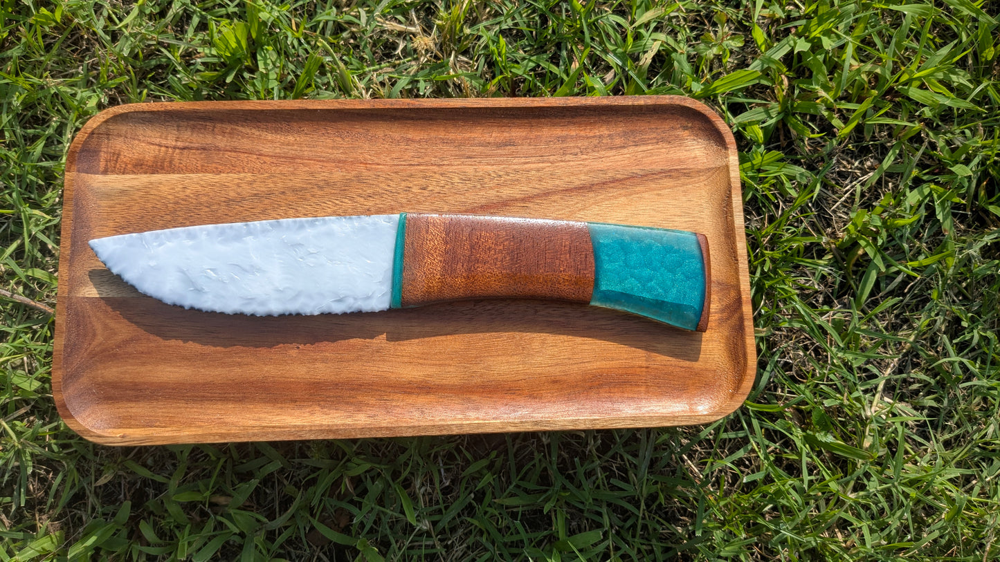 Shogun’s Prism – Fused Black and White Glass Ceremonial Knife with Cherry Wood, Ocean Resin, and Quan Yu Pendant