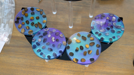 Cosmic Pulse Coaster Set — Amethyst & Tiger's Eye in Radiant Resin