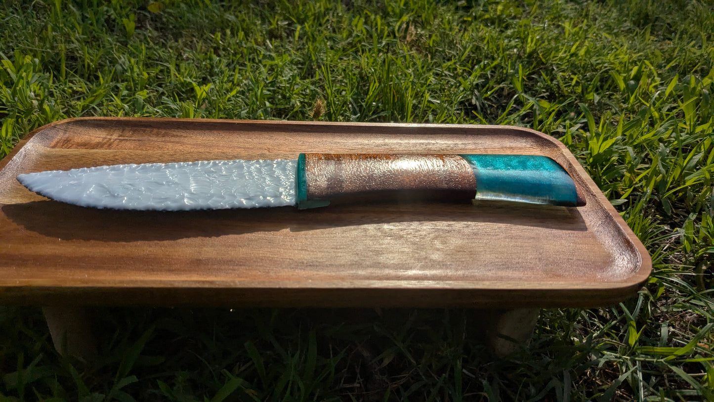 Shogun’s Prism – Fused Black and White Glass Ceremonial Knife with Cherry Wood, Ocean Resin, and Quan Yu Pendant