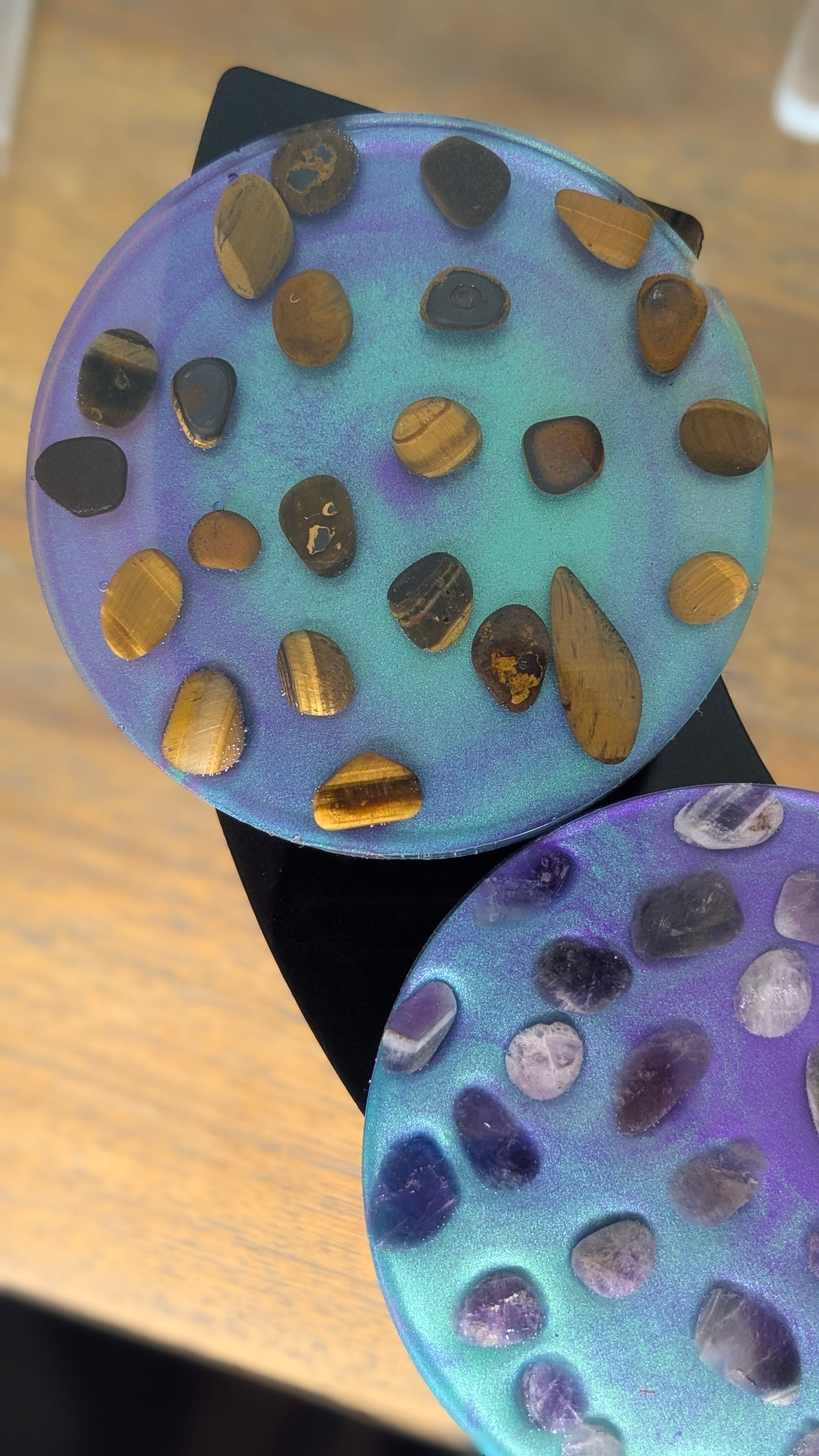 Cosmic Pulse Coaster Set — Amethyst & Tiger's Eye in Radiant Resin