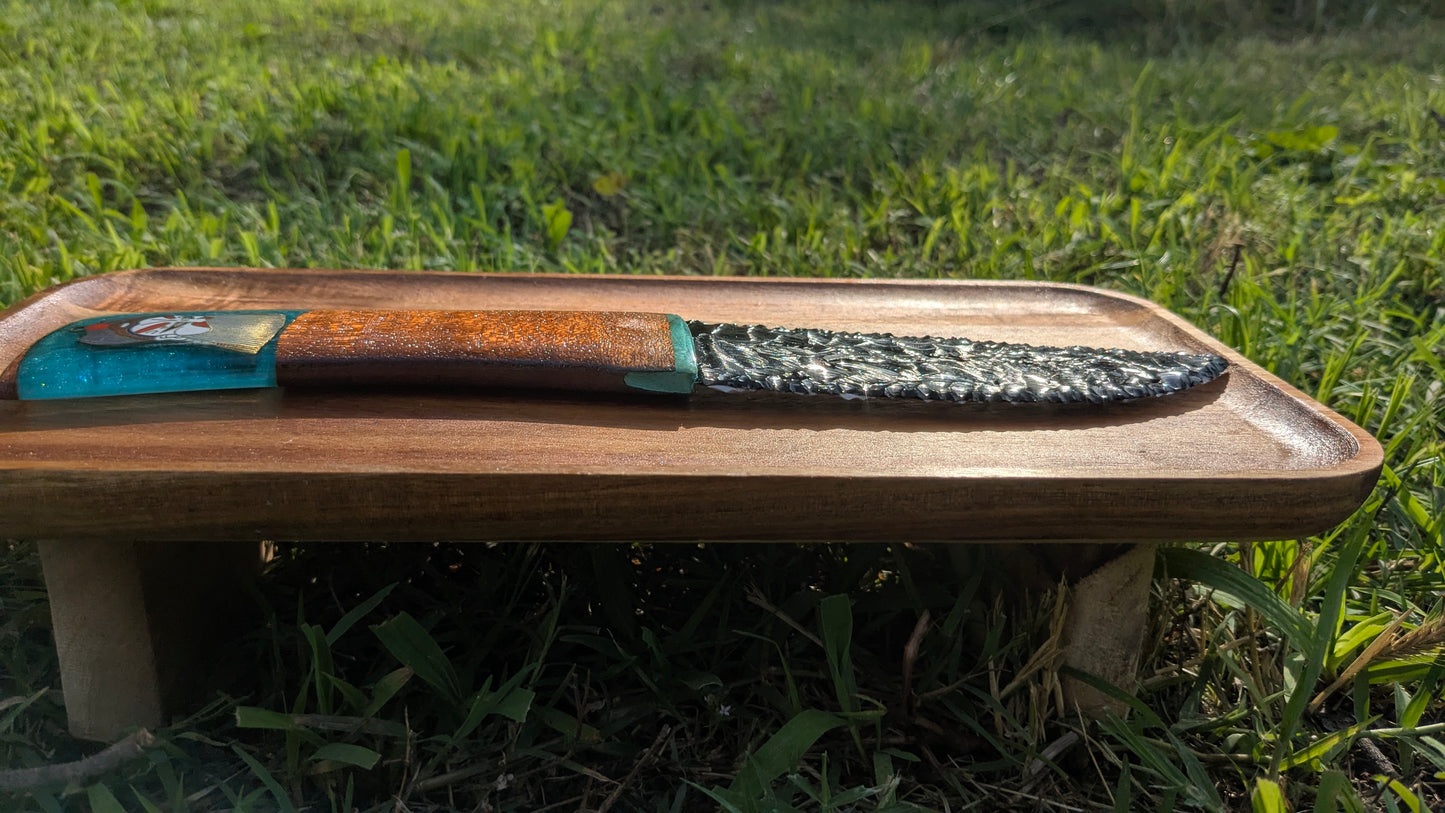 Shogun’s Prism – Fused Black and White Glass Ceremonial Knife with Cherry Wood, Ocean Resin, and Quan Yu Pendant