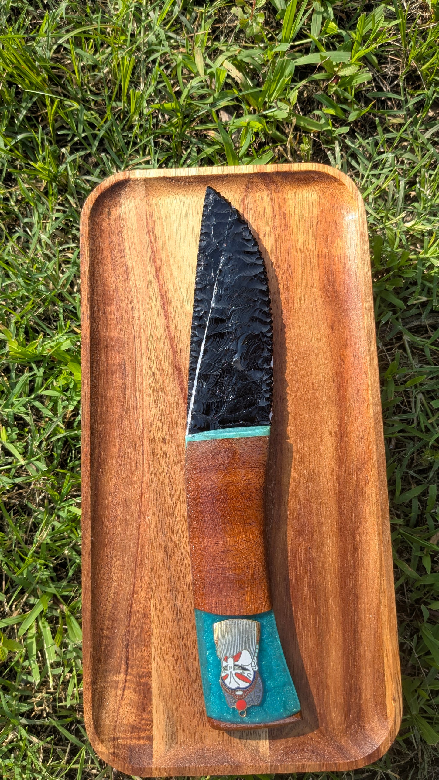 Shogun’s Prism – Fused Black and White Glass Ceremonial Knife with Cherry Wood, Ocean Resin, and Quan Yu Pendant