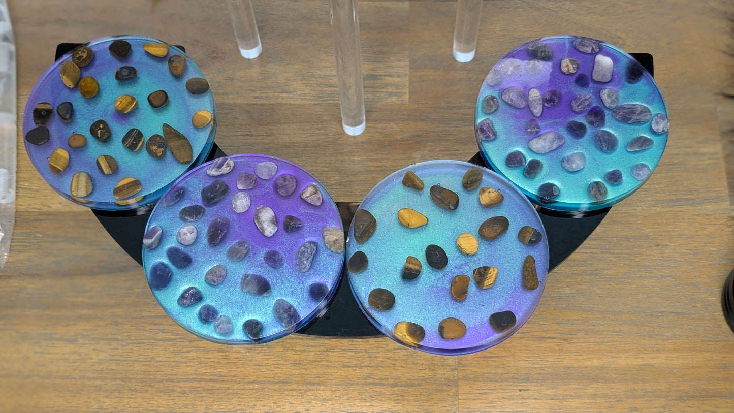 Cosmic Pulse Coaster Set — Amethyst & Tiger's Eye in Radiant Resin