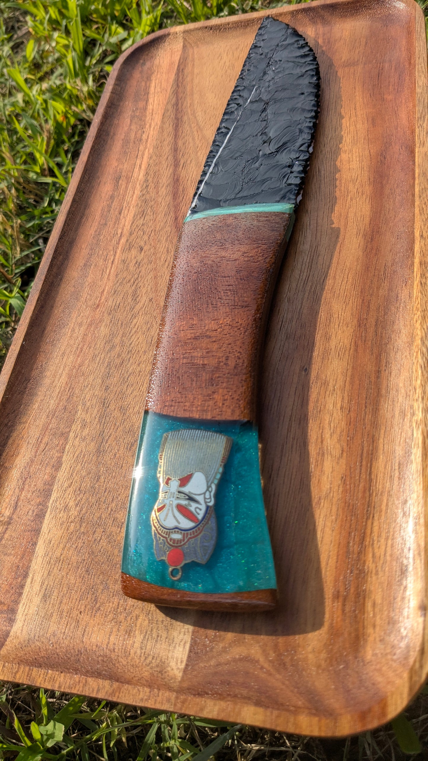 Shogun’s Prism – Fused Black and White Glass Ceremonial Knife with Cherry Wood, Ocean Resin, and Quan Yu Pendant