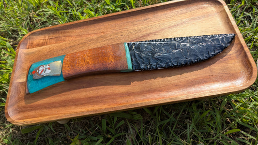 Shogun’s Prism – Fused Black and White Glass Ceremonial Knife with Cherry Wood, Ocean Resin, and Quan Yu Pendant