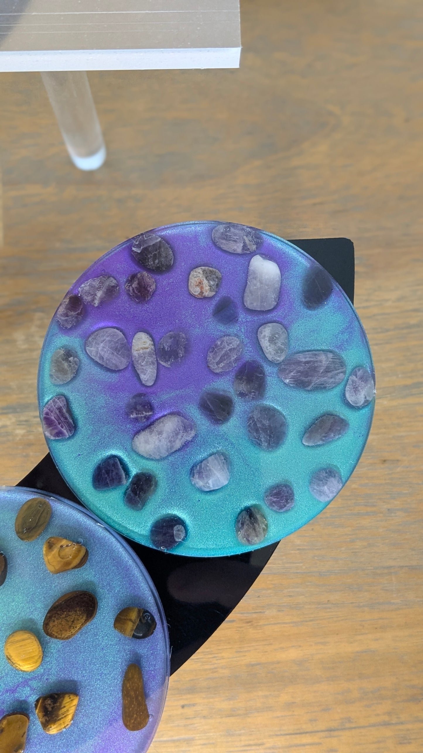 Cosmic Pulse Coaster Set — Amethyst & Tiger's Eye in Radiant Resin