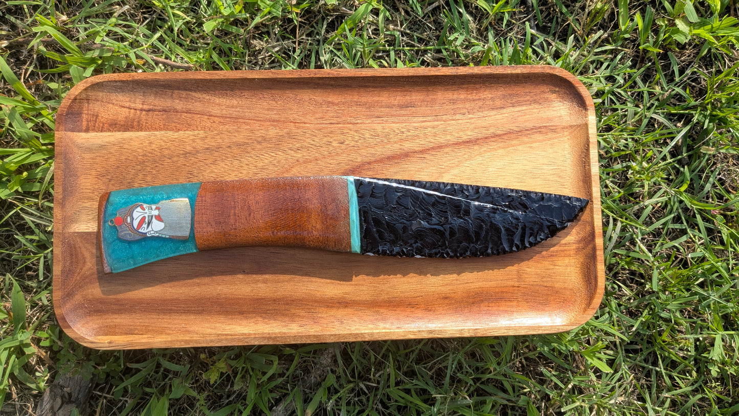Shogun’s Prism – Fused Black and White Glass Ceremonial Knife with Cherry Wood, Ocean Resin, and Quan Yu Pendant