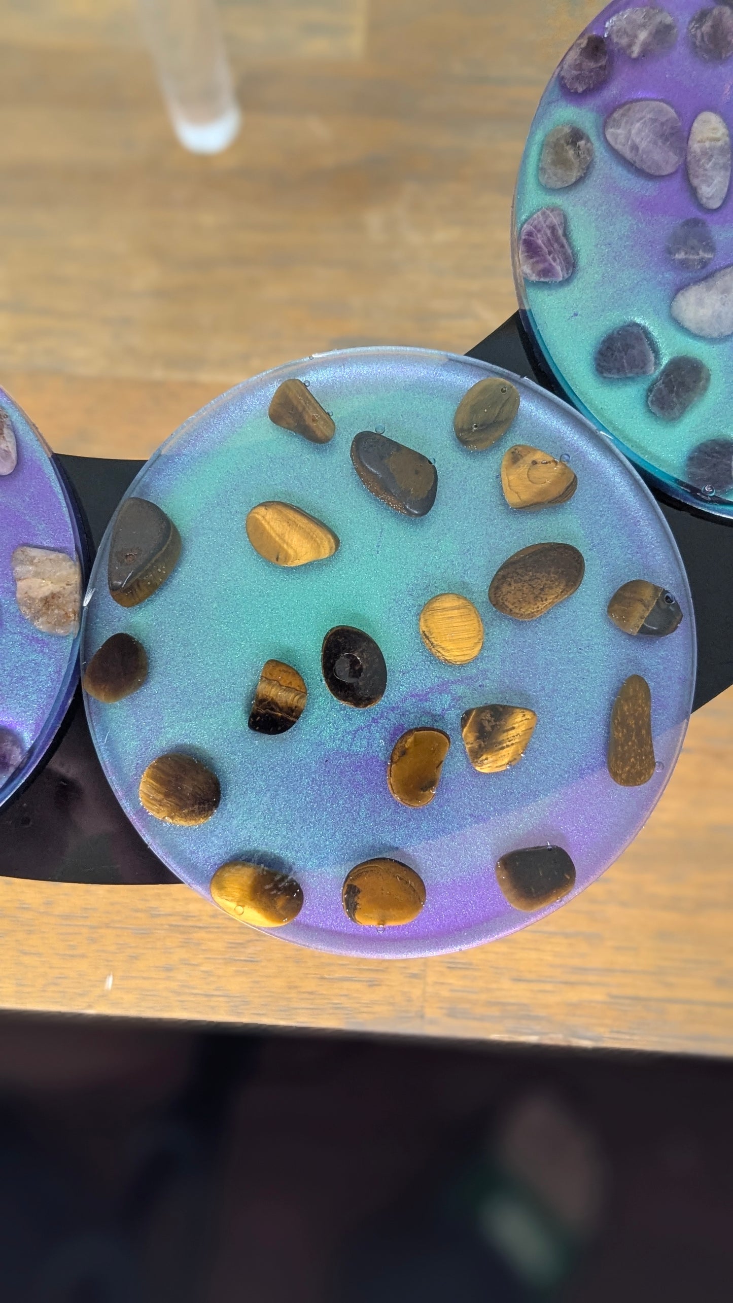 Cosmic Pulse Coaster Set — Amethyst & Tiger's Eye in Radiant Resin