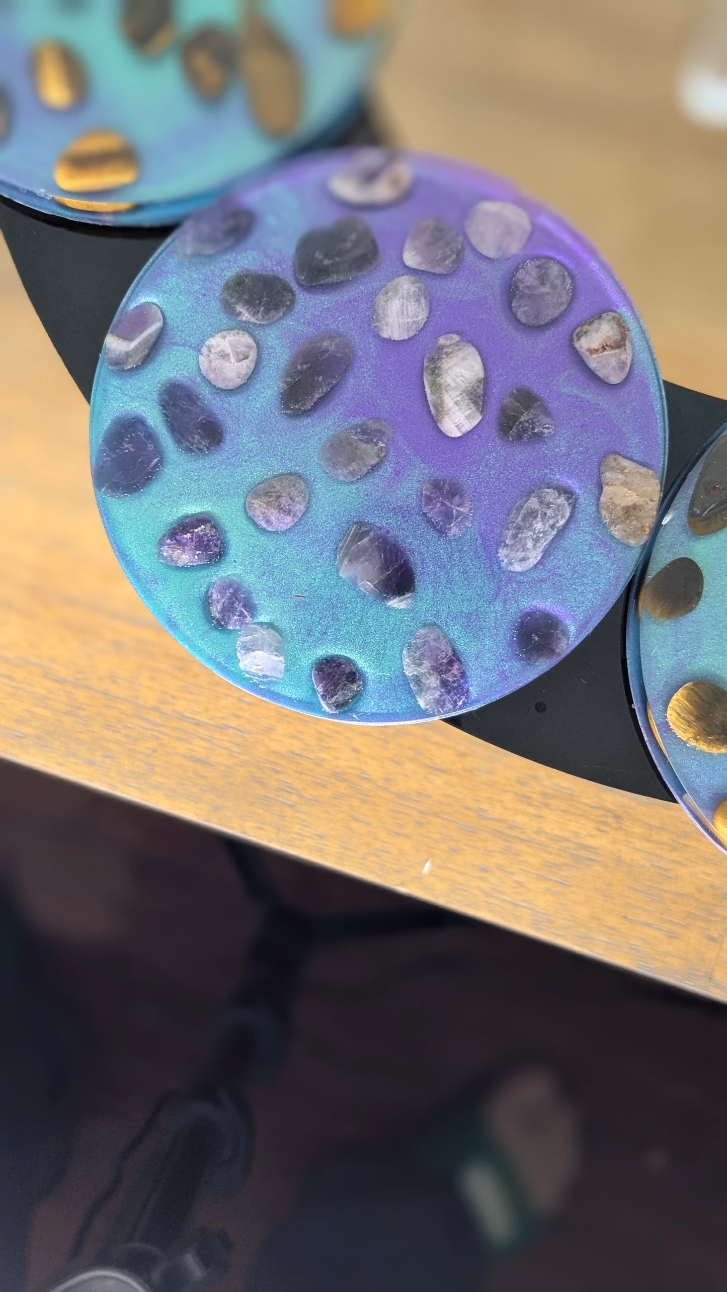 Cosmic Pulse Coaster Set — Amethyst & Tiger's Eye in Radiant Resin