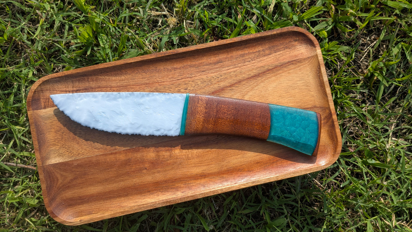 Shogun’s Prism – Fused Black and White Glass Ceremonial Knife with Cherry Wood, Ocean Resin, and Quan Yu Pendant