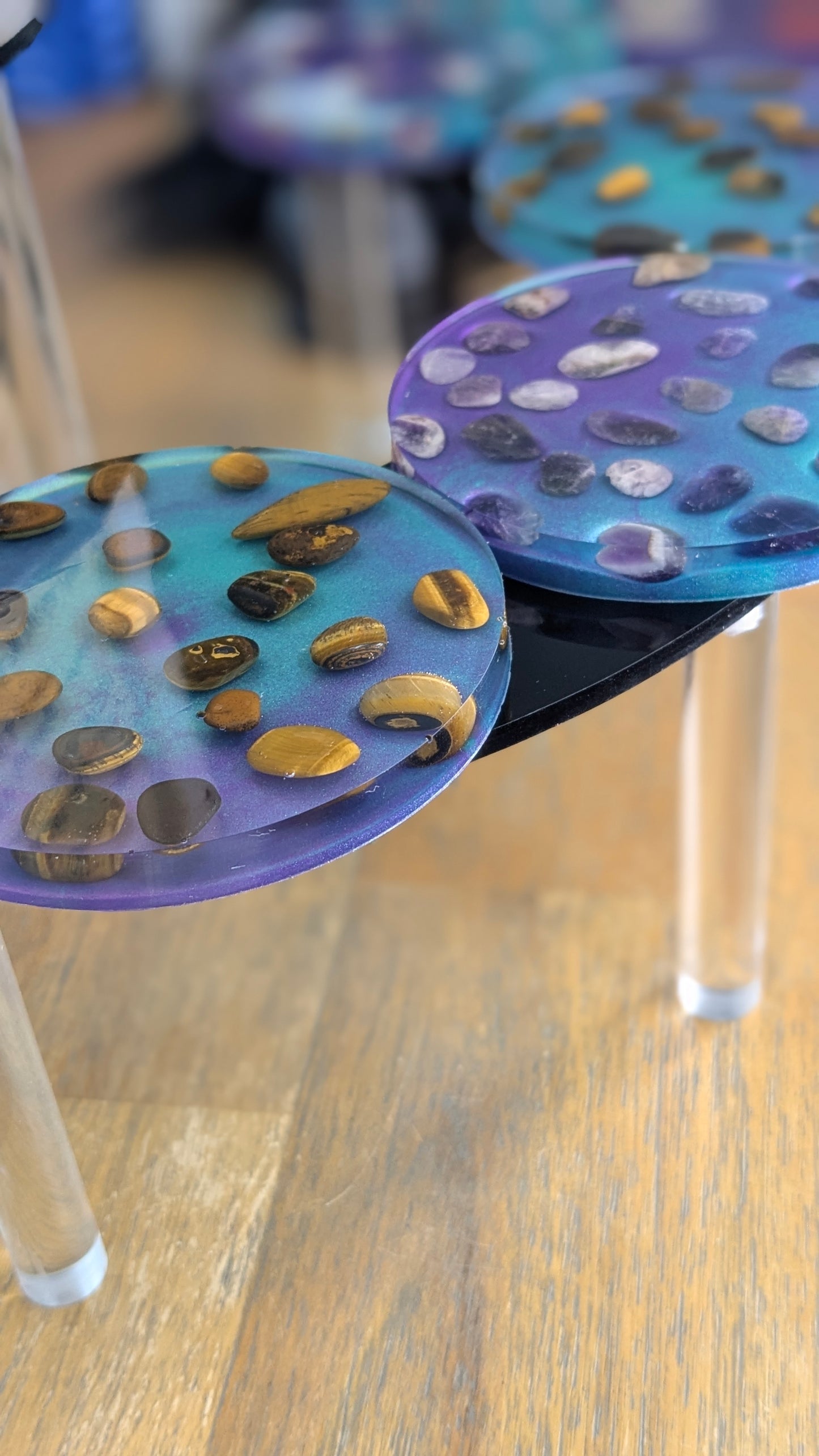 Cosmic Pulse Coaster Set — Amethyst & Tiger's Eye in Radiant Resin