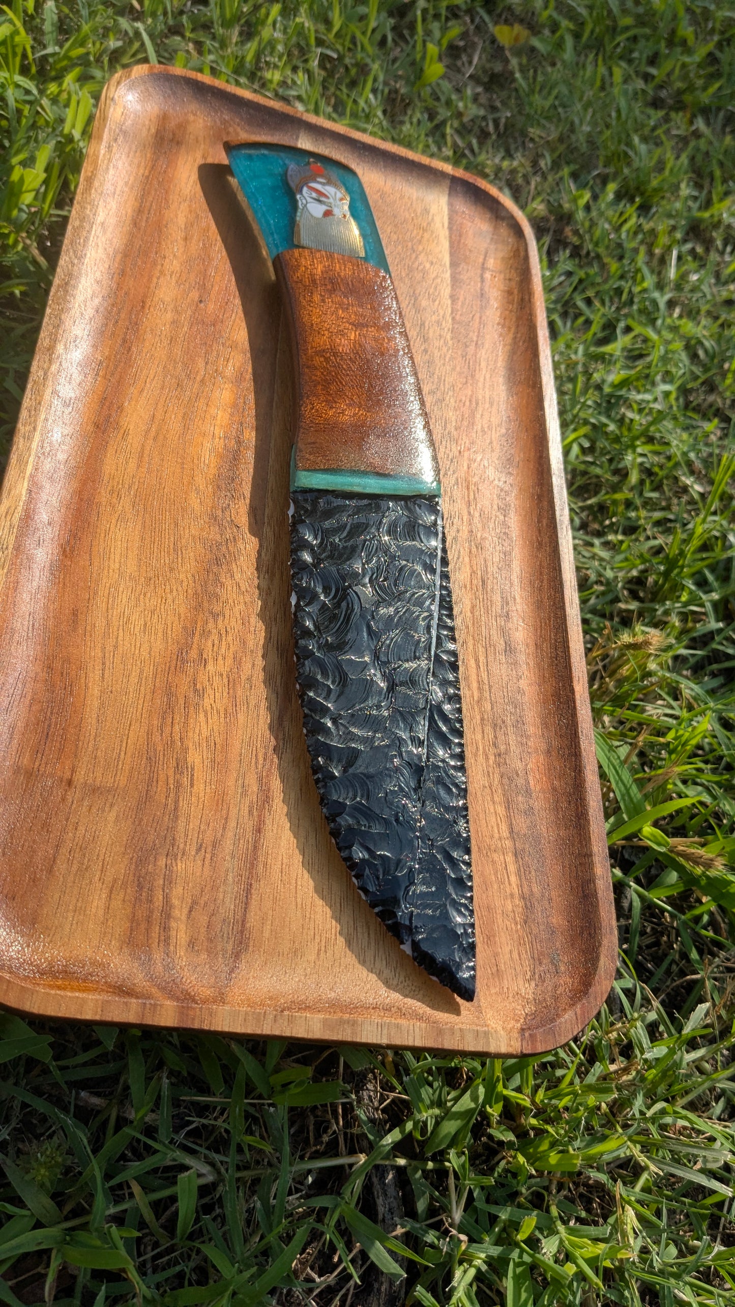 Shogun’s Prism – Fused Black and White Glass Ceremonial Knife with Cherry Wood, Ocean Resin, and Quan Yu Pendant