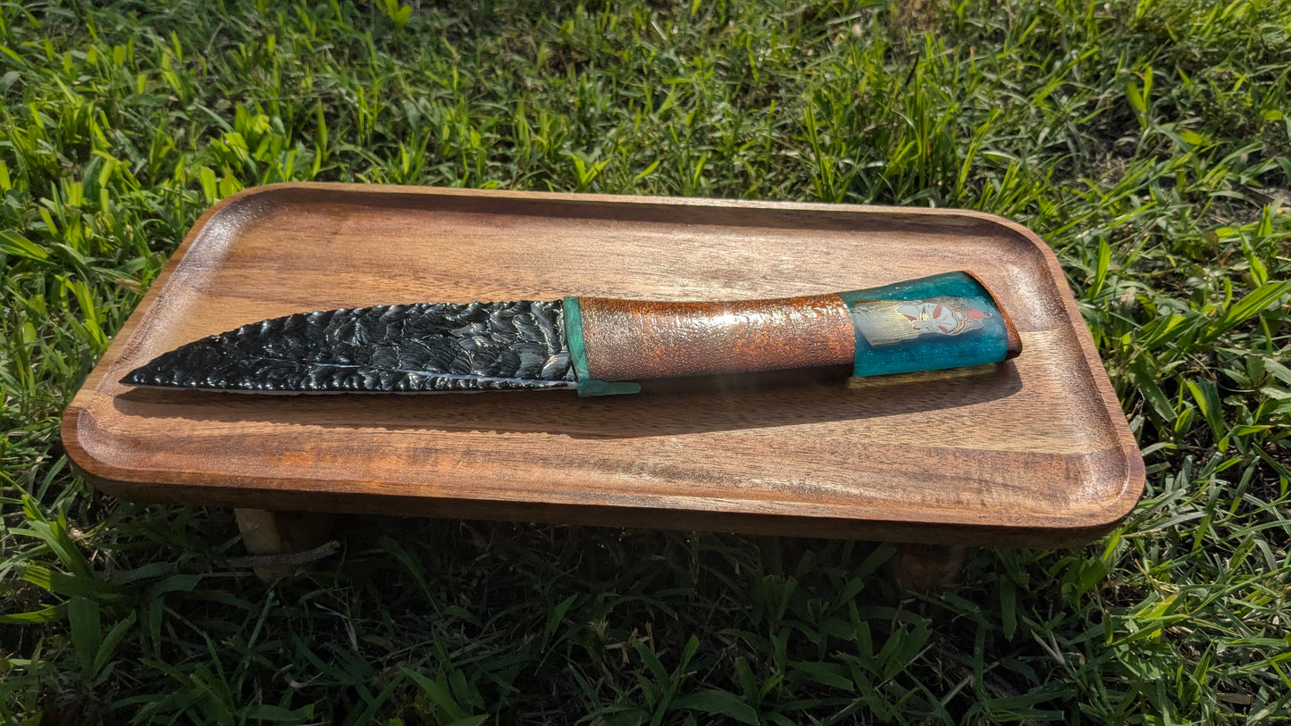 Shogun’s Prism – Fused Black and White Glass Ceremonial Knife with Cherry Wood, Ocean Resin, and Quan Yu Pendant